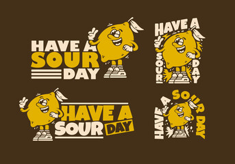 Happy lemon mascot with peace hand symbol. Have a sour day. Retro illustration design in 4 type