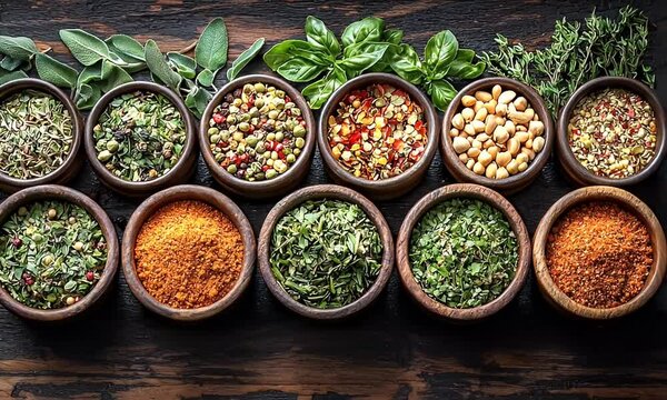 Aromatic Spice and Herb Collection in Wooden Bowls on Dark Wood