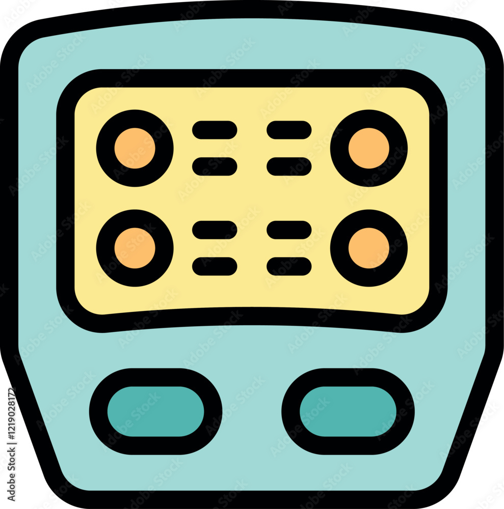 Poster electronic device featuring a display with circles and lines, potentially indicating data or control