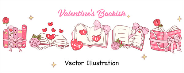 Valentine's Bookish Booklover Vector Book with love and rose Groovy Valentine Book Coquette Bows Cute Books Vector Illustration