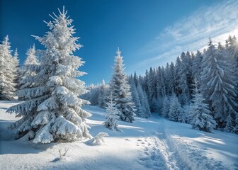Naklejka premium Majestic Winter Pine Forest: Snow Covered Trees, Sunny Blue Sky Landscape