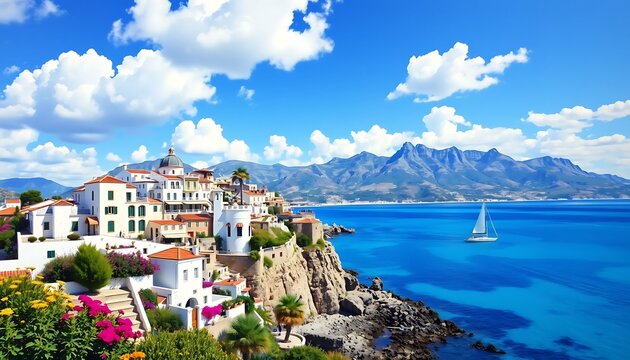 A picturesque Mediterranean coastal town with vibrant architecture, azure sea, rocky shorelines, and a tranquil bay, set against a dramatic mountain backdrop.