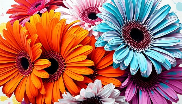 Vibrant gerbera daisies in macro photography with colorful petals and high contrast against a white background. Detailed flower centers, sharp focus, and saturated colors showcase botanical art