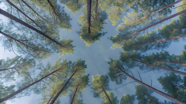 A dense forest, seen from above. Tall pine trees stand amidst a sea of lush, verdant colors