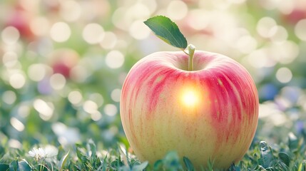 Juicy Red Apple in Sunny Meadow Grass Field