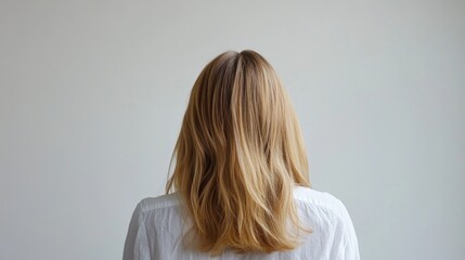 Fototapeta premium Woman, blonde hair, back view, white shirt, plain background, lifestyle photo