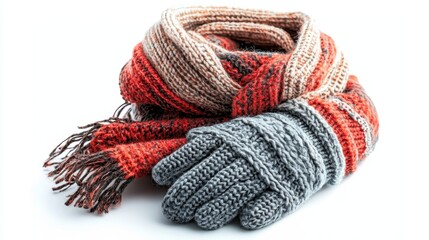 A pair of winter gloves and a scarf on a white isolated background