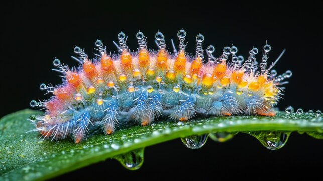 Colorful caterpillar with dew drops on a leaf macro close up detail insect nature - Powered by Adobe