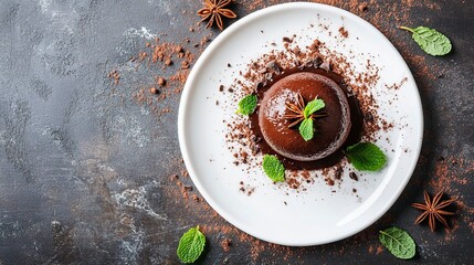 Minimalist flat lay of a chocolate ball cake with mint leaves and star anise on a white plate, top view, against a stone background, with copy space for text, a close-up shot, and macro photography. -