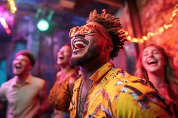 Group of friends celebrating their escape room victory in a colorful and lively environment