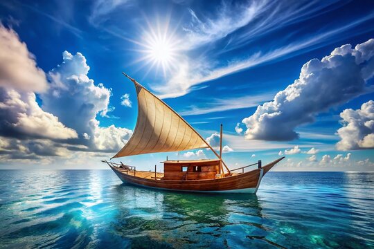 Maldives Dhoni Boat: Traditional Wooden Vessel Sailing Calm Blue Ocean - Stock Photo