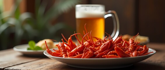A mug of beer and a plate of boiled crayfish on a wooden table