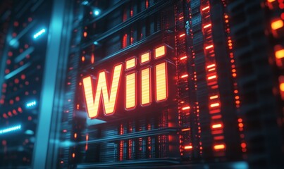 Fototapeta premium Next-Generation Wireless Technology: The concept of Wi-Fi 7 connectivity showcased through illuminated text on a dynamic, high-tech server background, Generative AI