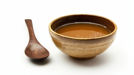 A close-up of a wooden spoon and a bowl of soup on a white isolated background