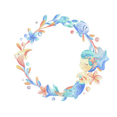 Mermaid is a little girl with long hair and a tail, fish, flowers. Watercolor illustration hand drawn with pastel colors turquoise, blue, mint, coral. Round frame wreath isolated from background.