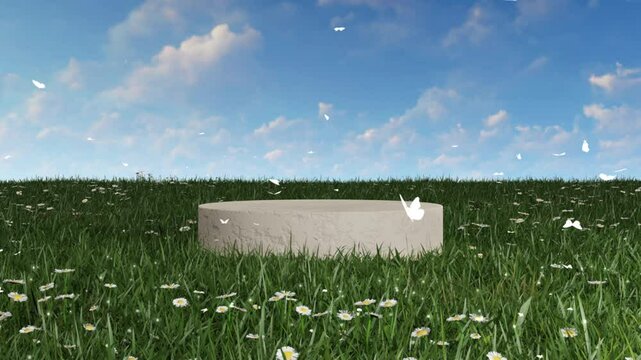 3D Beautiful rough white podium. many white butterfly on daisy flower garden. cloudy and bright blue sky at days background. Computer animation. Modern background. motion design. Loopable. LED.4K