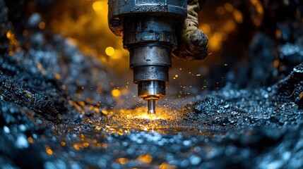 Worker drilling metal, sparks flying, industrial setting
