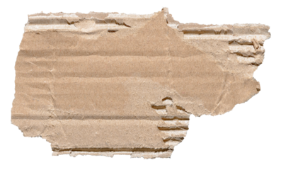 Isolated cut out torn piece of brown corrugated cardboard with rough edge texture and copy space for text, transparent png background design element