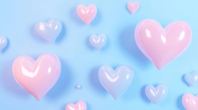 Heart shaped valentine's day background. Light blue and pastel pink hearts floating on blue background. 14th february celebration animated wallpaper. Dreamy romantic pattern. Romance motion graphics.
