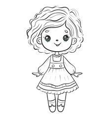 Cute Hand-Drawn doll Illustration Decoration in Black and White Style. Line Art Drawing for Coloring and Kids' Creative Activities