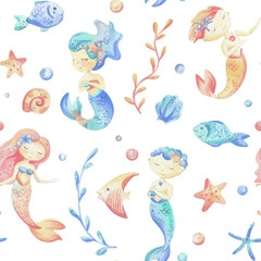 Mermaids is a little girls and boys with fish, seashell, corals, algae, starfish. Watercolor illustration hand drawn pastel colors coral and blue. Seamless pattern on a white background.