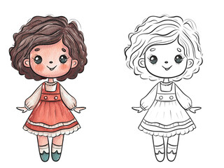 Cute watercolor doll illustration with curly hair and vintage dress