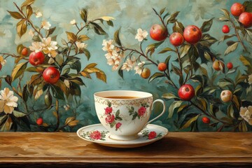 Tea time floral with red fruits, vintage style, cup and saucer on table, Generated AI