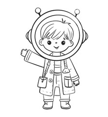 Cute Hand-Drawn Illustration a cute child in an astronaut helmet and casual outfit Decoration in Black and White Style. Line Art Drawing for Coloring and Kids' Creative Activities