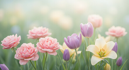 Fototapeta premium Delicate Pastel Flowers Bloom in Soft Sunlight
