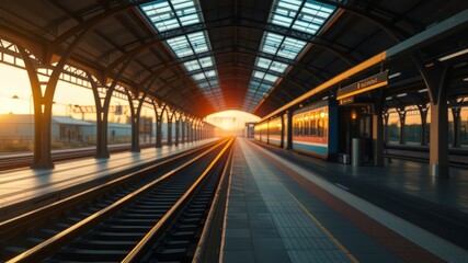 Obraz premium Empty Train Station Sunrise - Dramatic AI Art, Colorful, Sharp Focus, High Quality