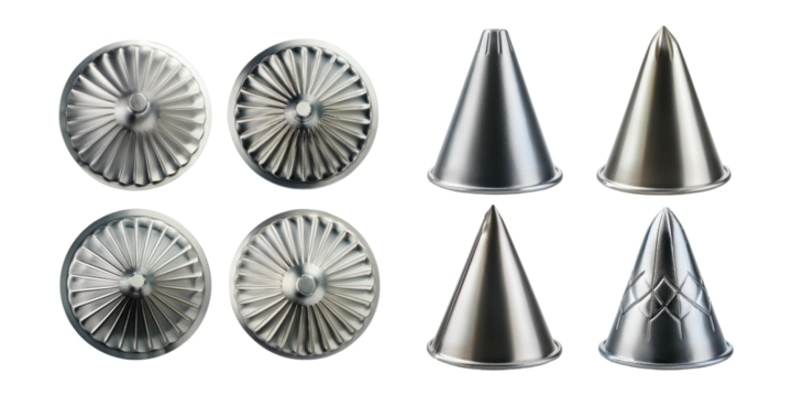 Metallic baking molds and cone-shaped pastry tools set, isolated on transparent background