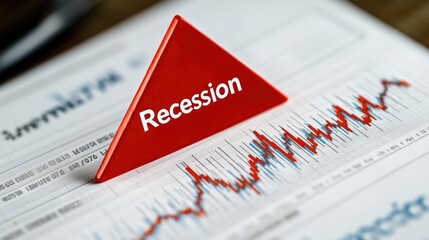 Obraz premium A red warning triangle with the word Recession placed on a financial report.