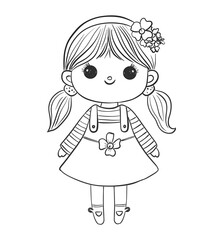 Cute Hand-Drawn doll Illustration Decoration in Black and White Style. Line Art Drawing for Coloring and Kids' Creative Activities
