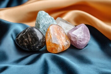 Naklejka premium Serene Collection of Polished Gemstones on Silk Fabric