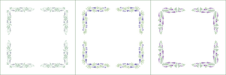 Set of three elegant green vegetal ornamental frame with purple glycinin flowers, decorative border. Isolated vector illustration