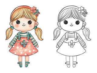 Cute Hand-Drawn doll Illustration Decoration in Black and White Style. Line Art Drawing for Coloring and Kids' Creative Activities