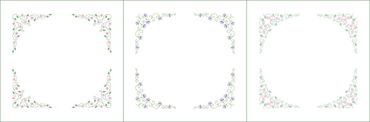 Set of three elegant green vegetal ornamental frame with purple and pink flowers, decorative border. Isolated vector illustration