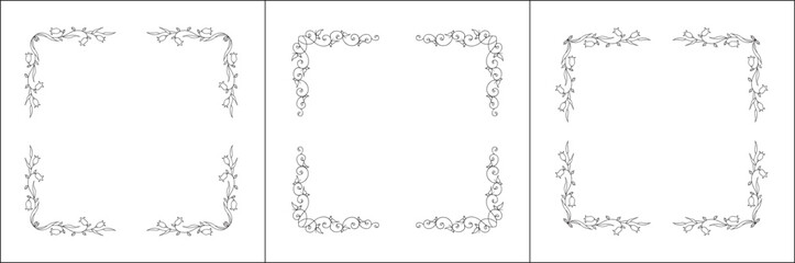 Set of three vector decorative frames, vegetal ornamental frame with flowers, decorative border, corners, black and white. Isolated vector illustration.