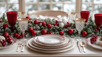 Festive Christmas table setting with red and gold decorations.