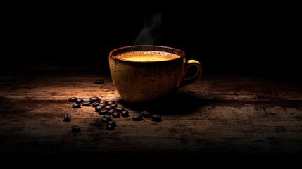 A minimalistic image of a steaming cup of coffee on a dark wooden surface, surrounded by scattered coffee beans