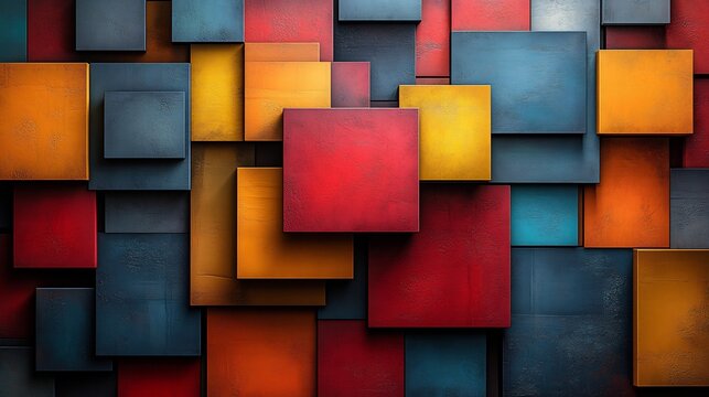 A dynamic pattern of layered squares in bold colors and intricate 3D details