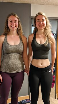 Same woman showing weight loss transformation, before and after comparison in workout attire, indoor gym setting