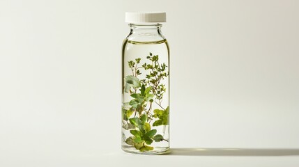 A close-up of a bottle of olive oil and fresh herbs on a white isolated background