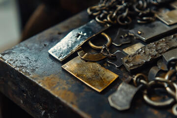A rustic collection of metal tools and chains on a worn wooden workbench.