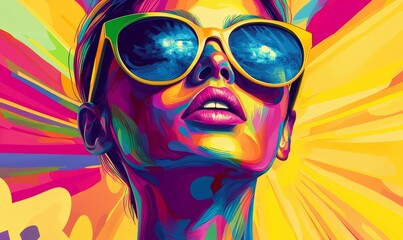 Vibrant Pop Art Woman in Sunglasses with Bright Flowers, Modern Conceptual Collage of Female Portrait, Bold & Colorful Digital Artwork, Generative AI