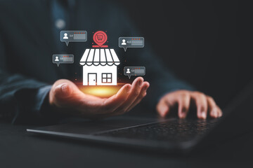 Local business reviews and customer feedback system on mobile device, showcasing star ratings for small businesses. Digital marketing, local SEO, and consumer experience in online business review star