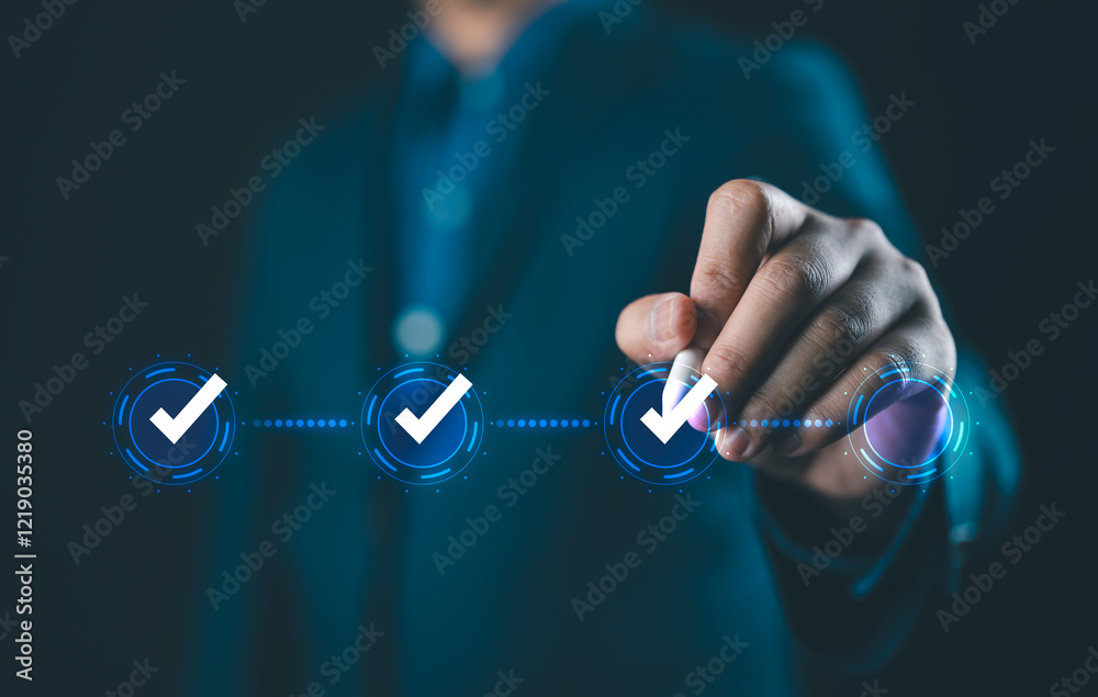 Poster Interactive Workflow Progress and Achievement. Businessman Using Digital Check Mark System to Track Task Completion. Success, and Innovative Task Management Solutions