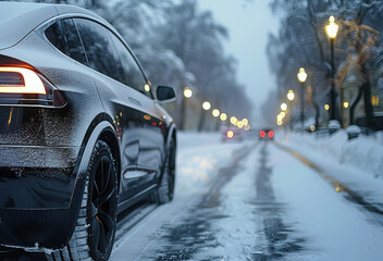 An electric vehicle safely navigating a treacherous icy road in the suburbs.