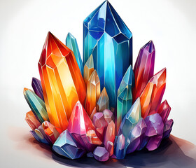 A Colored Crystals on white isolated background with shadow 