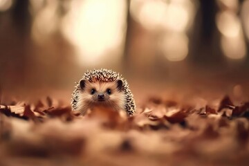 Obraz premium Adorable hedgehog peeking from autumn leaves in a forest.